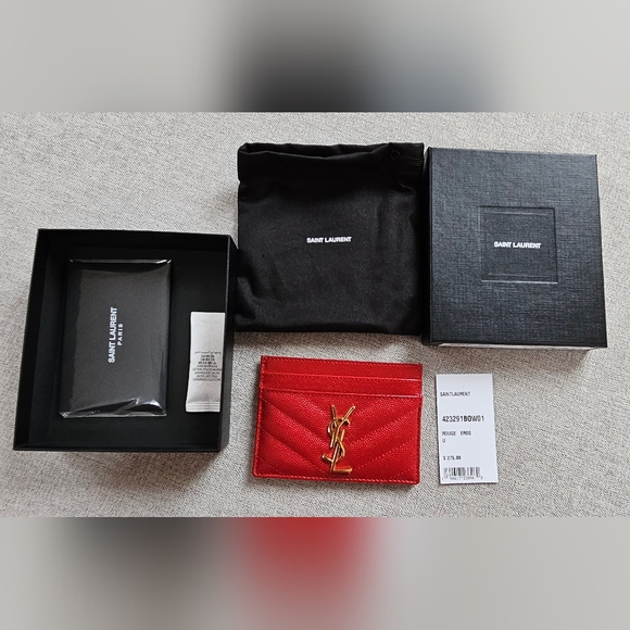Saint Laurent Red Grain Leather Card Holder Gold Hardware - Picture 2 of 8